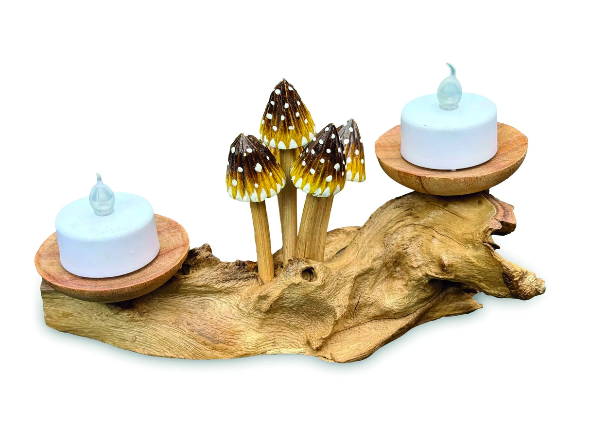 3 POINTED YELLOW CAP MUSHROOMS WITH DOUBLE DOUBLE CANDLE HOLDERS LOW