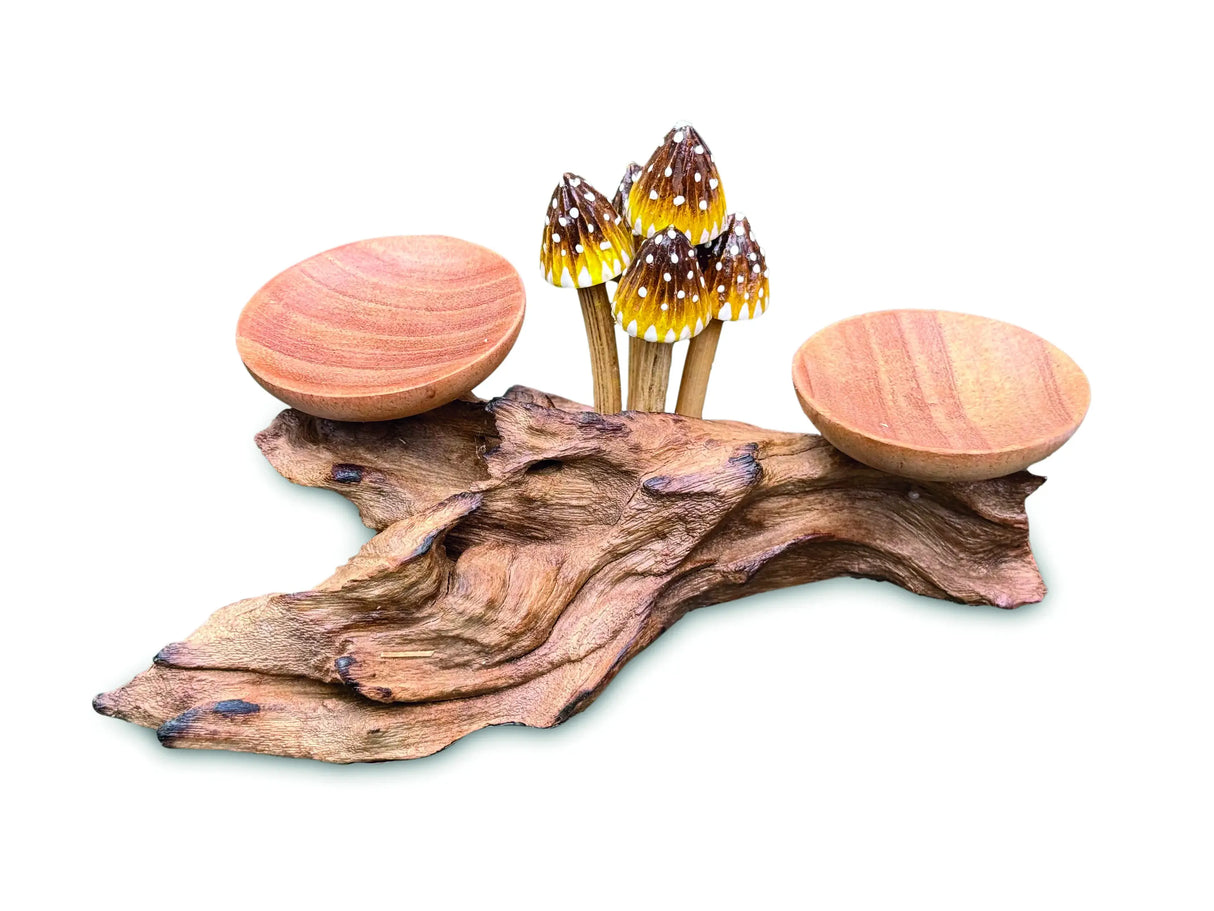 3 POINTED YELLOW CAP MUSHROOMS WITH DOUBLE DOUBLE CANDLE HOLDERS LOW