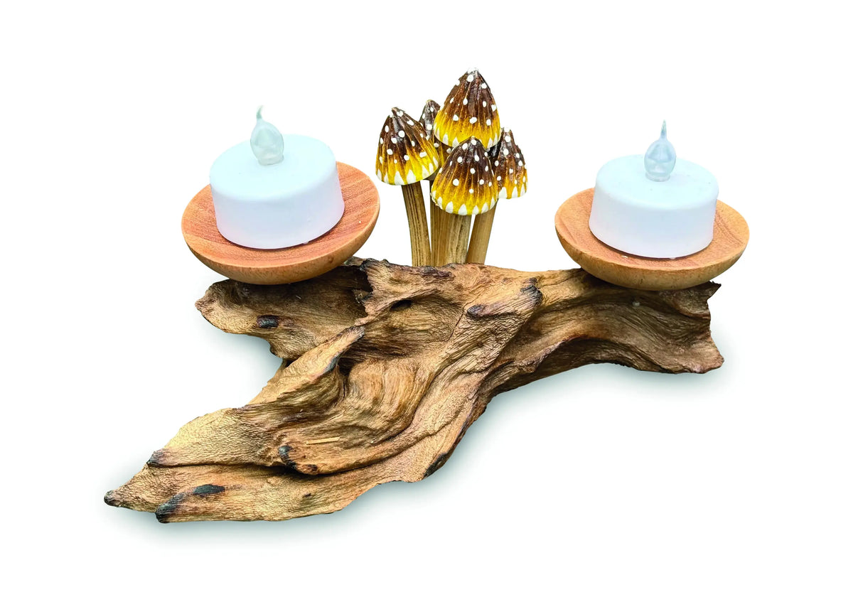 3 POINTED YELLOW CAP MUSHROOMS WITH DOUBLE DOUBLE CANDLE HOLDERS LOW