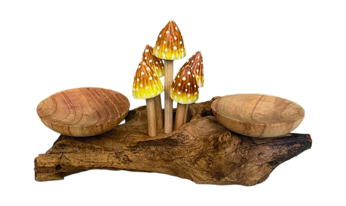 3 POINTED YELLOW CAP MUSHROOMS WITH DOUBLE DOUBLE CANDLE HOLDERS LOW