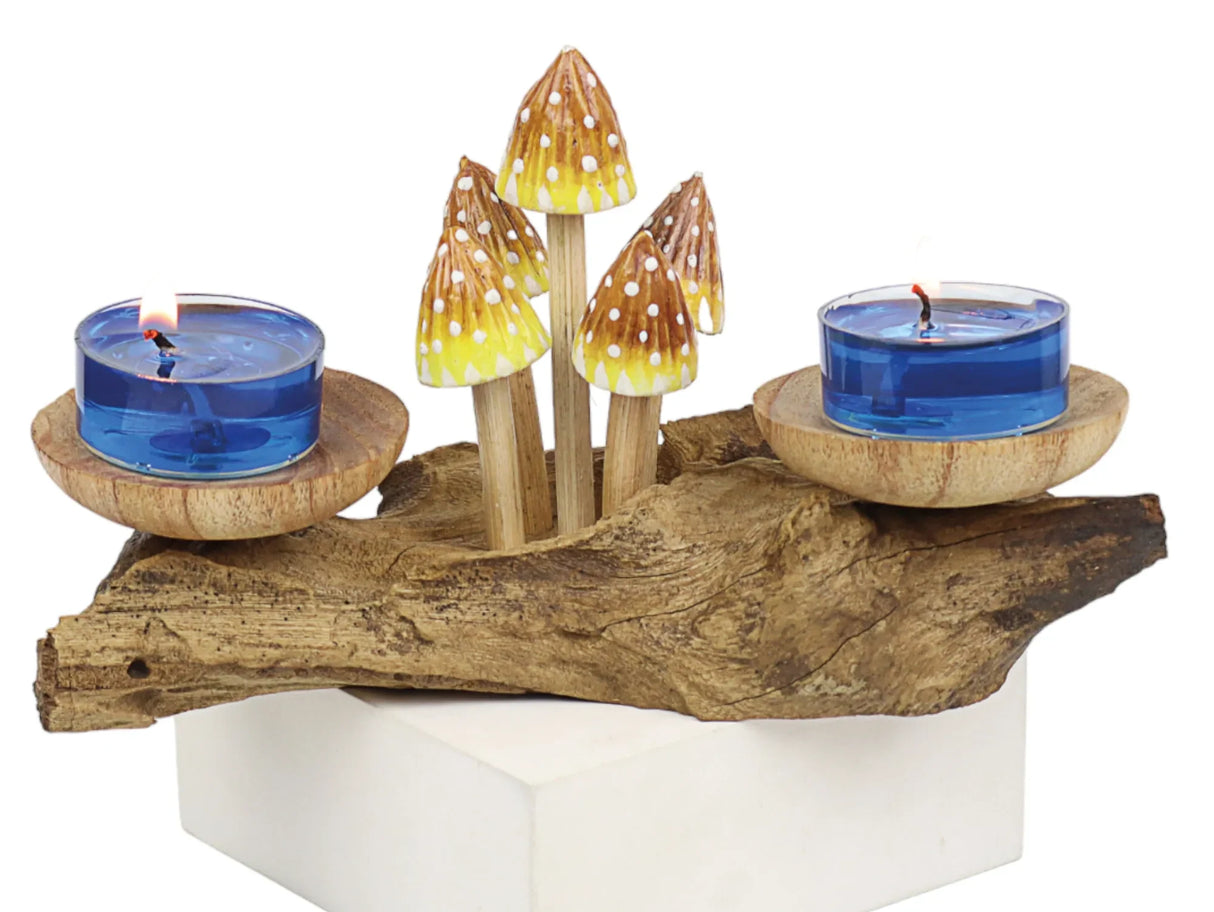 3 POINTED YELLOW CAP MUSHROOMS WITH DOUBLE DOUBLE CANDLE HOLDERS LOW