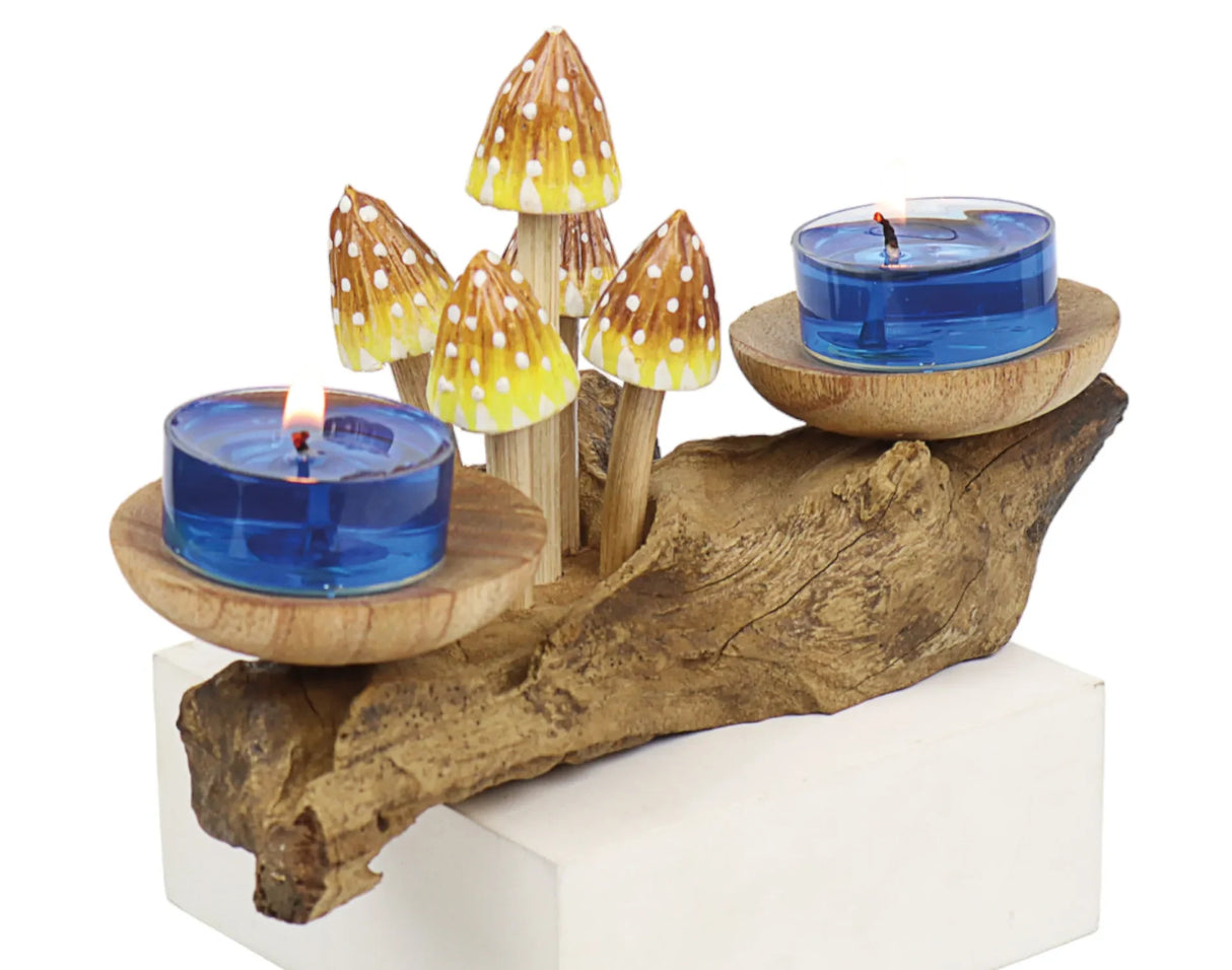 3 POINTED YELLOW CAP MUSHROOMS WITH DOUBLE DOUBLE CANDLE HOLDERS LOW