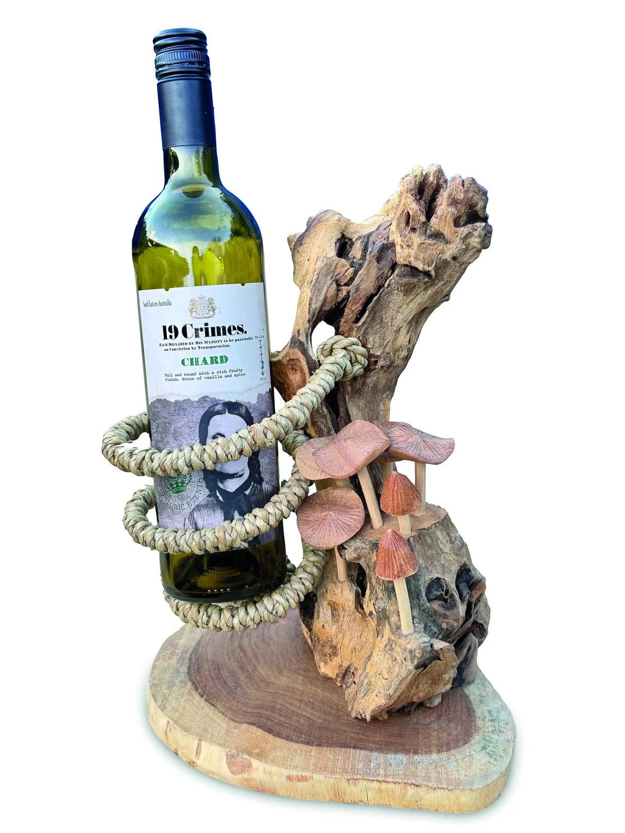 DRIFTWOOD WINE BOTTLE HOLDER WITH MUSHROOM FOREST