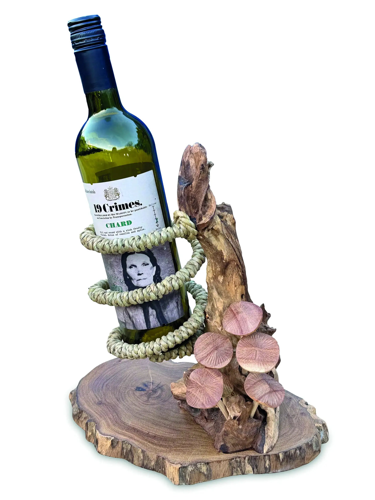 DRIFTWOOD WINE BOTTLE HOLDER WITH MUSHROOM FOREST