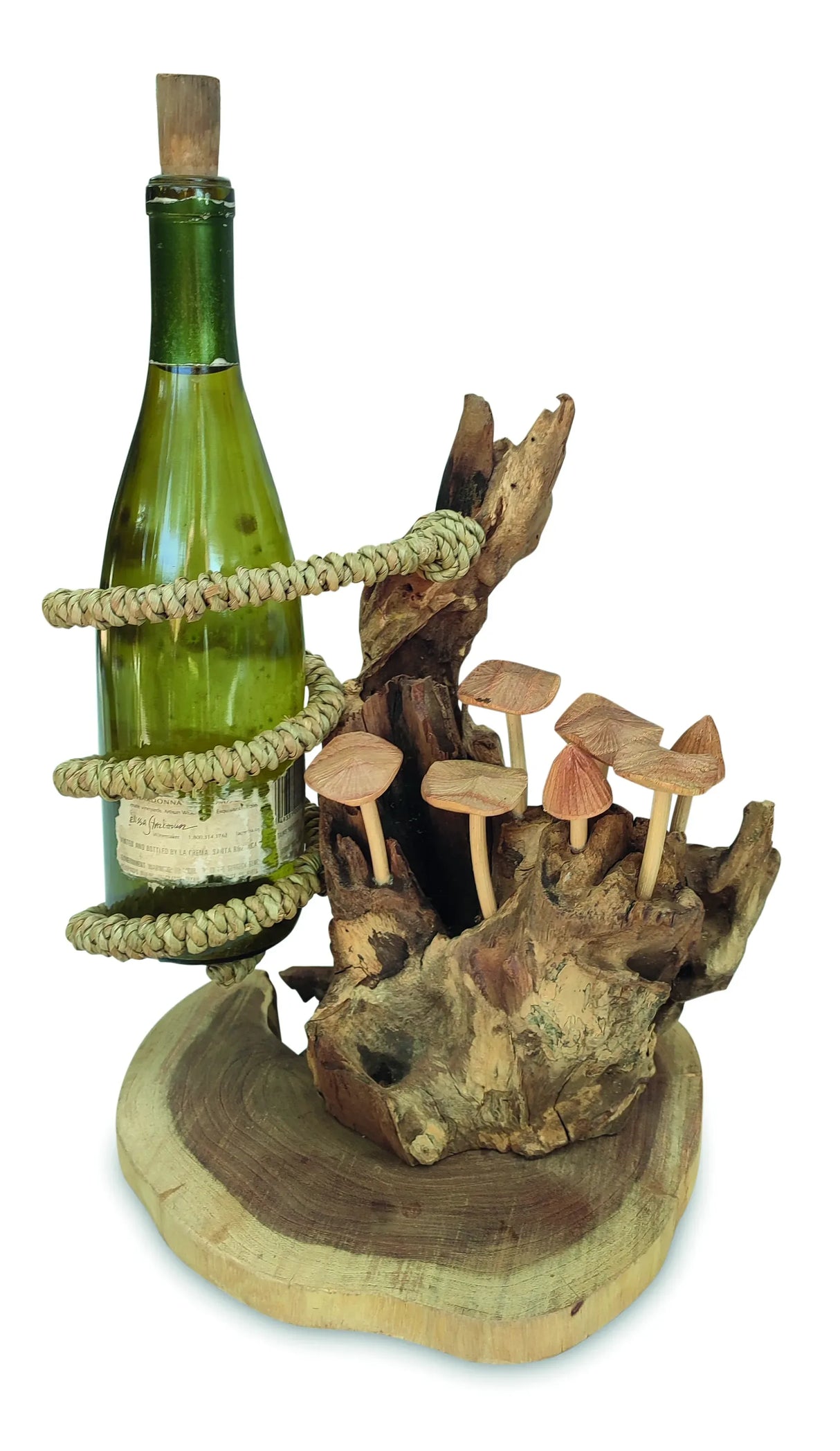 DRIFTWOOD WINE BOTTLE HOLDER WITH MUSHROOM FOREST