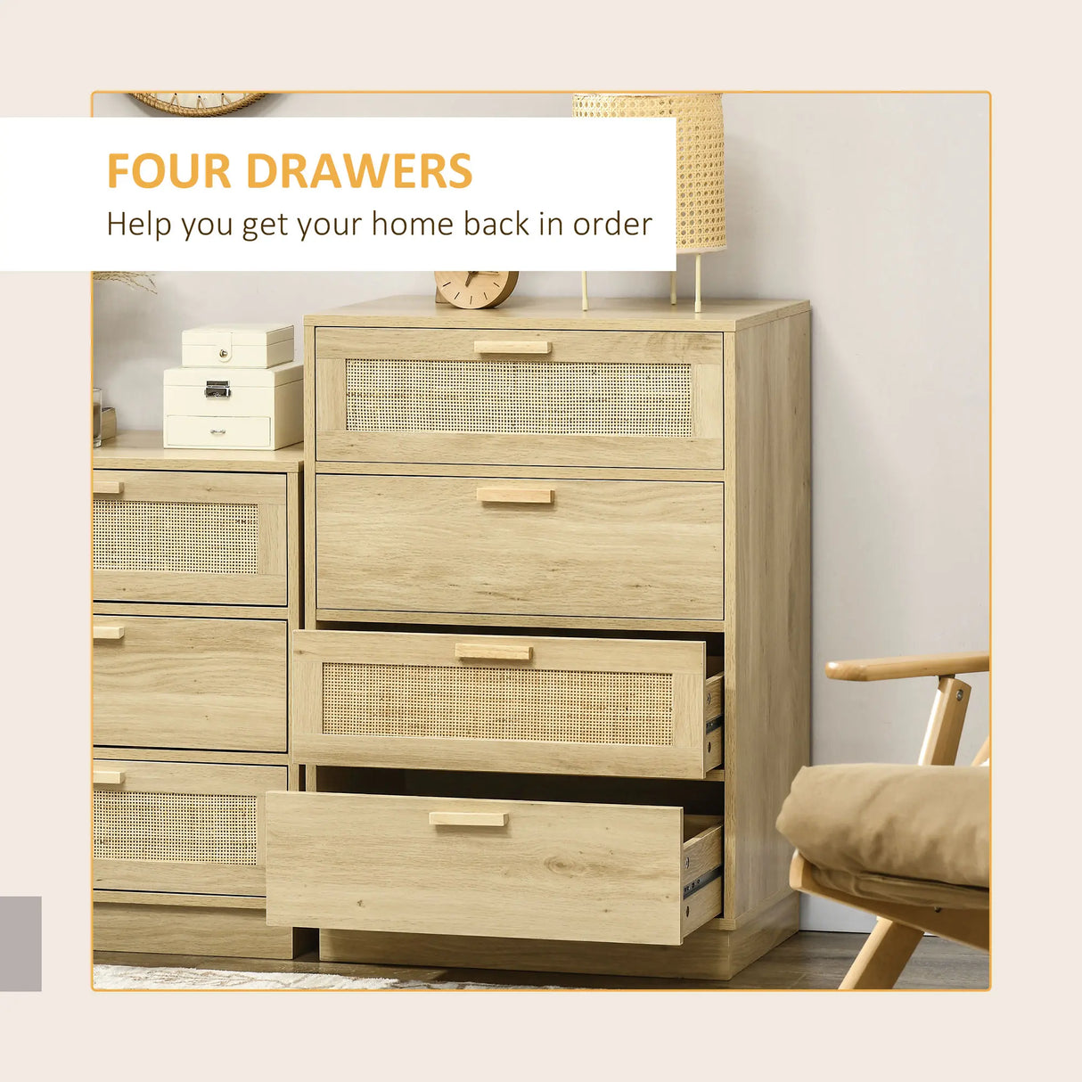 HOMCOM Chest of Four Rattan Weave Panel Drawers - Wood-Effect