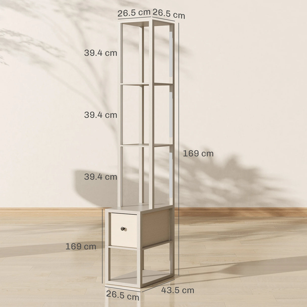 HOMCOM Floor Lamp with Shelves, LED Column Modern Standing Lamp with Fabric Drawer, Adjustable Brightness, Foot Switch for Living Room, Bedroom, Office, Oak