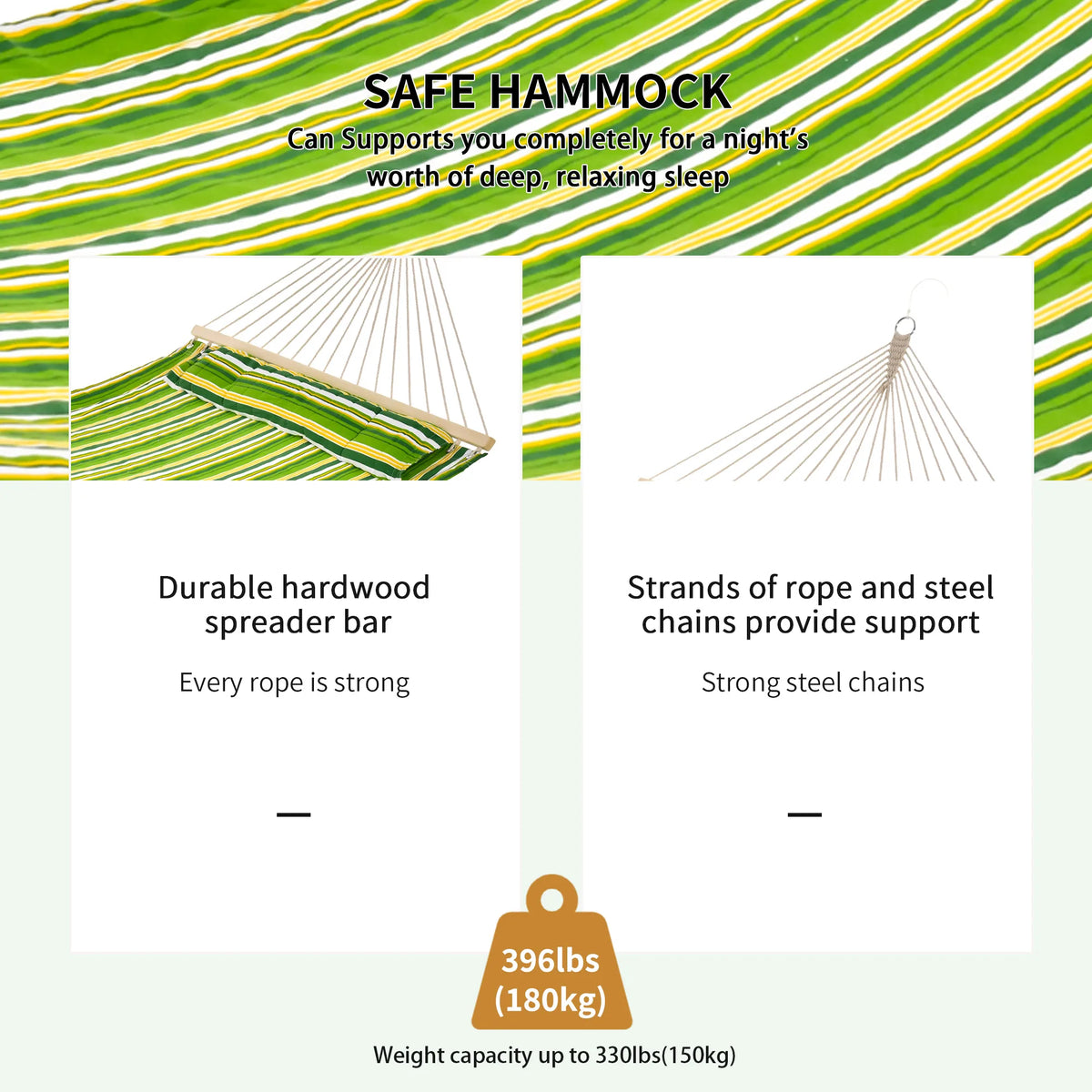 Outsunny Double Cotton Hammock Camping Swing Outdoor Garden Beach Stripe Hanging Bed with Pillow, 188 x 140 cm, 180 KG Capacity, Green