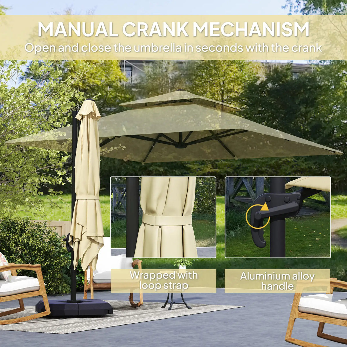 Outsunny 2.7 x 2.7 m Cantilever Parasol with Aluminium Frame, Crank and Tilt, 360-Degree Rotation, Double Top Garden Umbrella with Base and Cover, Khaki