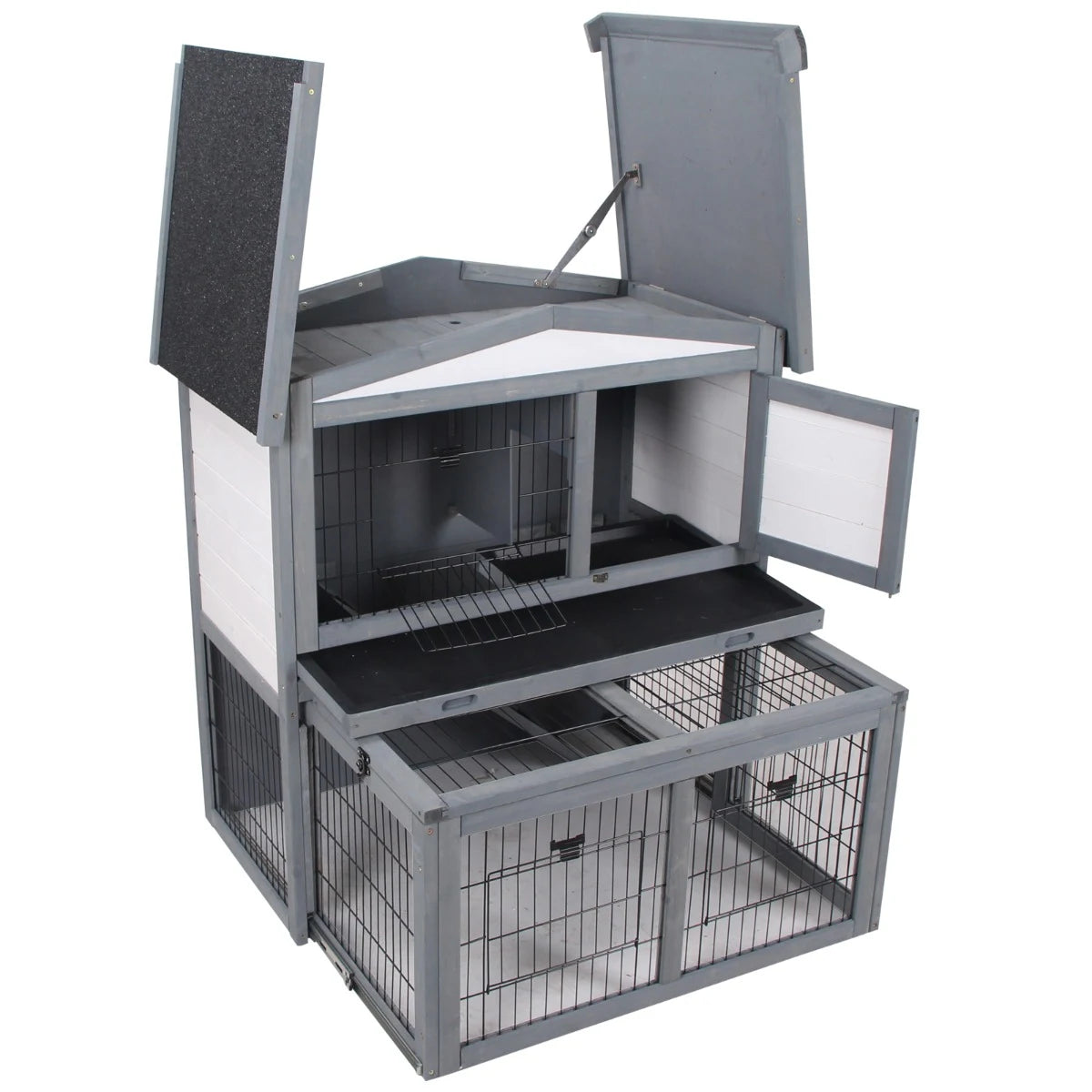 PawHut Rabbits 2-Tier Fur Wood Outdoor Hutch Guinea Pigs Hutches Grey