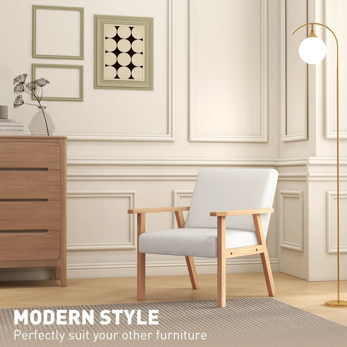 HOMCOM Modern Armchair, Linen Upholstered Sofa with Solid Wood Legs and Wide Seat, Accent Chair for Living Room Bedroom Office, Cream White