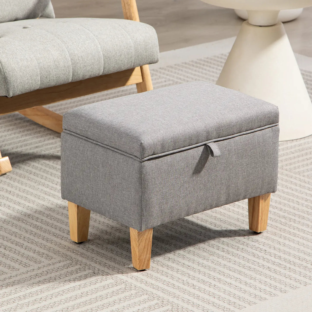 HOMCOM 16L Linen Storage Ottoman Padded Footstool with Rubberwood Legs for Storage Box, Bed End, Shoe Bench, Seating, Light Grey