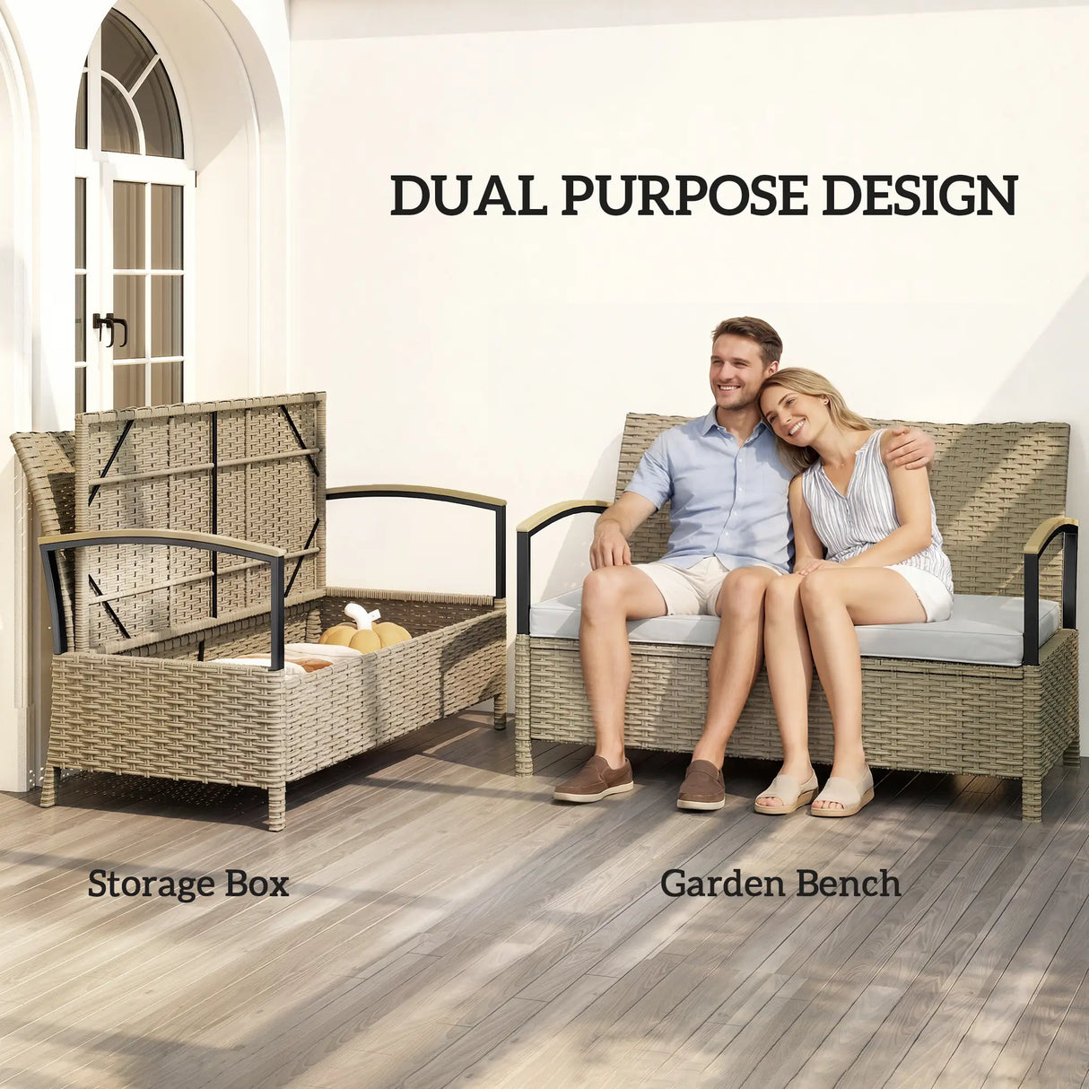 Outsunny 125L Garden Storage Bench, 2 Seater PE Rattan Outdoor Bench Storage Box with Padded Cushion, Khaki