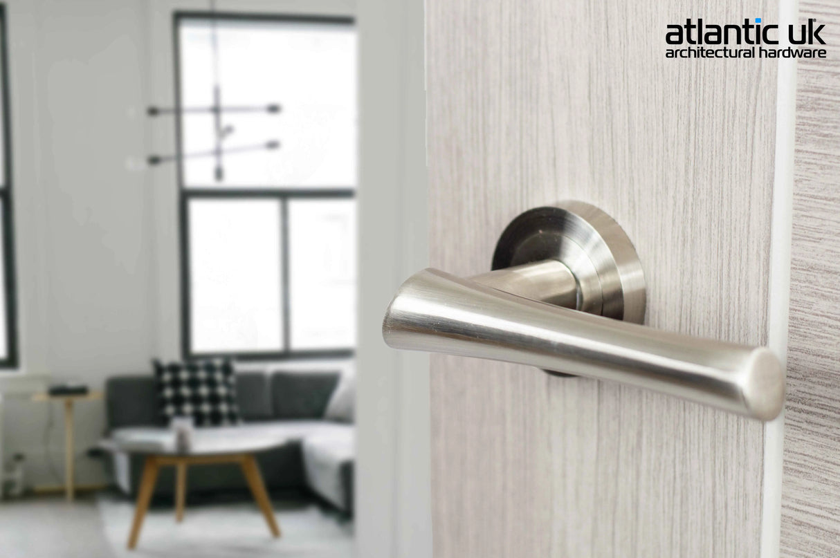 Mediterranean Corsica Lever Door Handle on Round Rose - Satin Nickel - Set