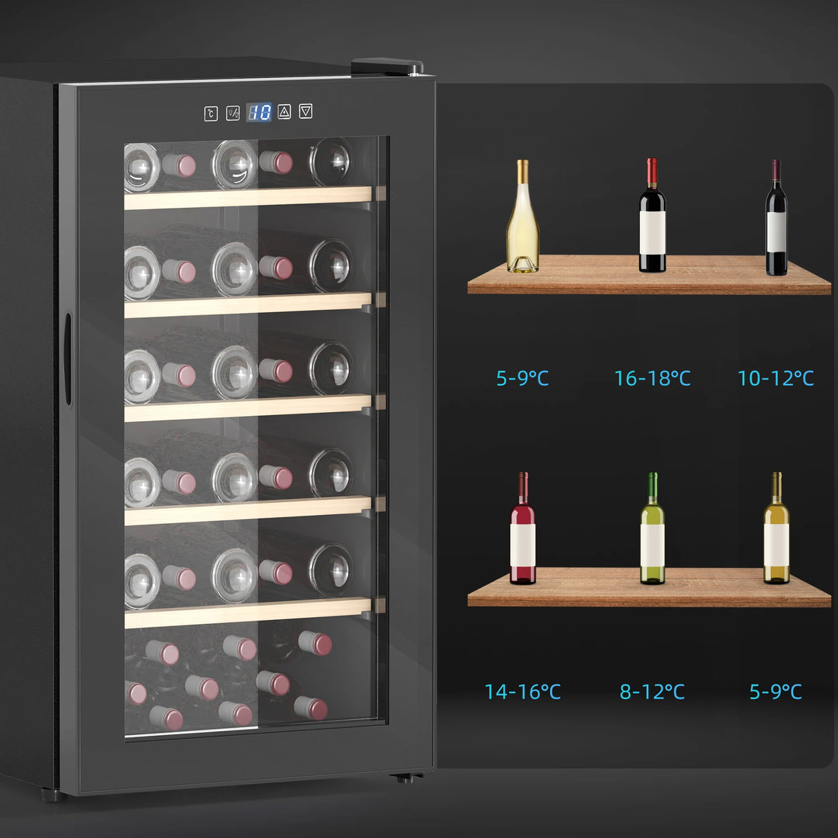 HOMCOM 41 Bottle Wine Fridge, 91 Litre Capacity, 45cm Freestanding Wine Cooler Fridge with Glass Door, LED Light, Digital Touch Screen, Temperature Control, Black