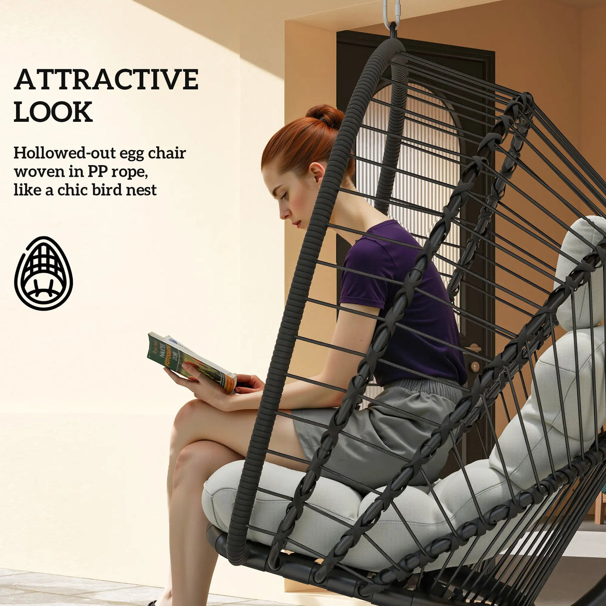 Outsunny Outdoor PE Rattan Swing Chair with Foldable Basket and Cushion, Garden Patio Hanging Egg Chair with Metal Stand, Headrest for Indoor and Outdoor, Black