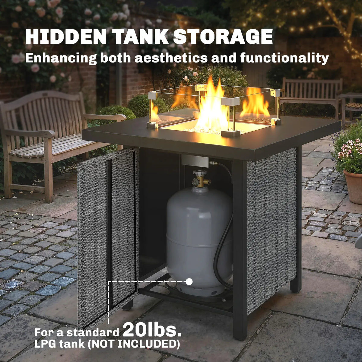 Outsunny Propane Gas Fire Pit Table for Garden, 11.7 KW Smokeless Firepit Outdoor Heater with Wind Guard, Glass Rocks, Lid, Black