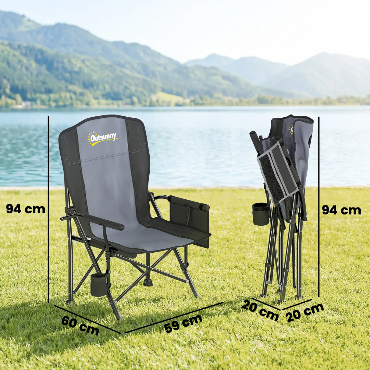 Outsunny Padded Camping Chair Adults Heavy Duty Folding Chair Side Pocket Cup Holder Carry Bag Outdoor Black