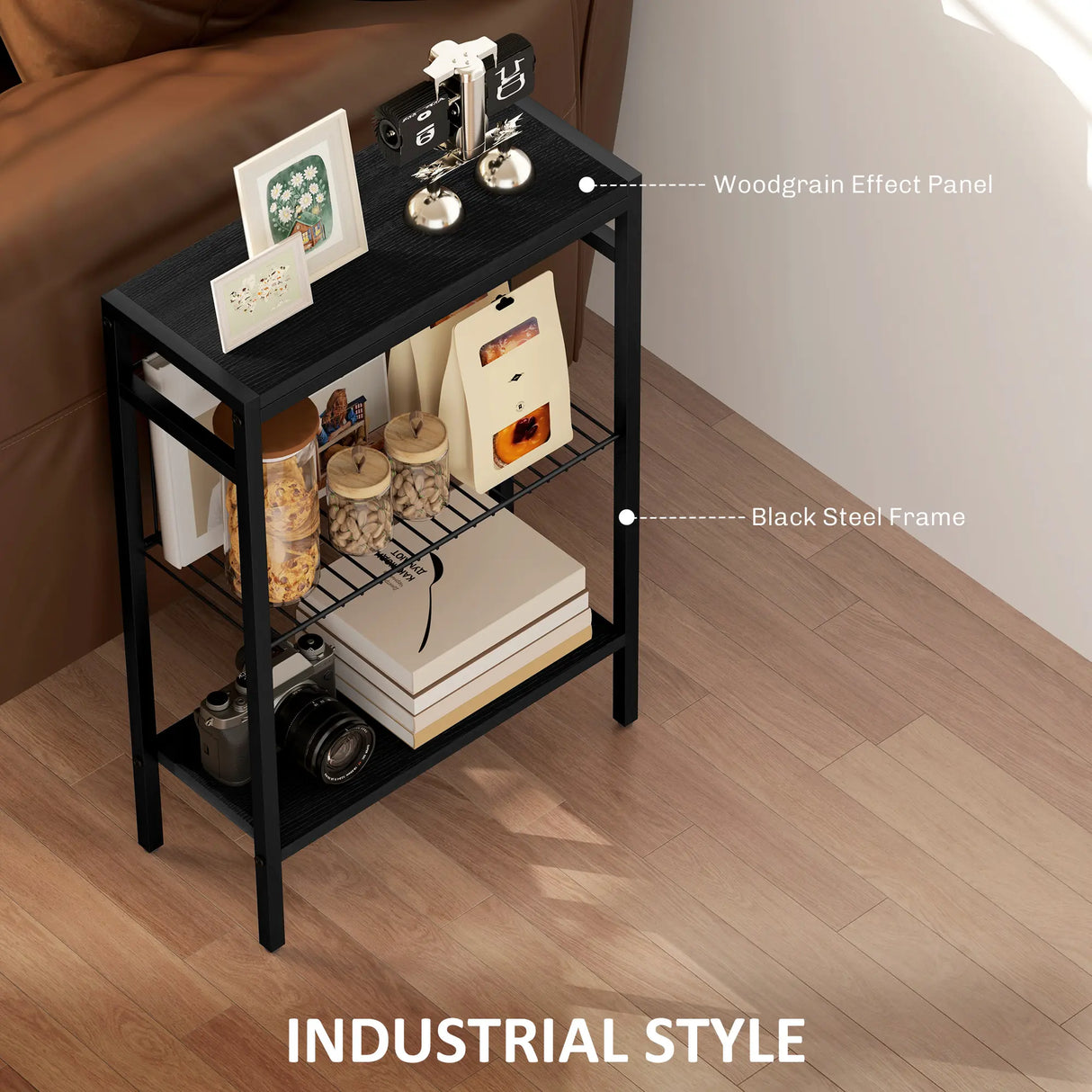 HOMCOM Three Shelf Industrial Side Table, Black