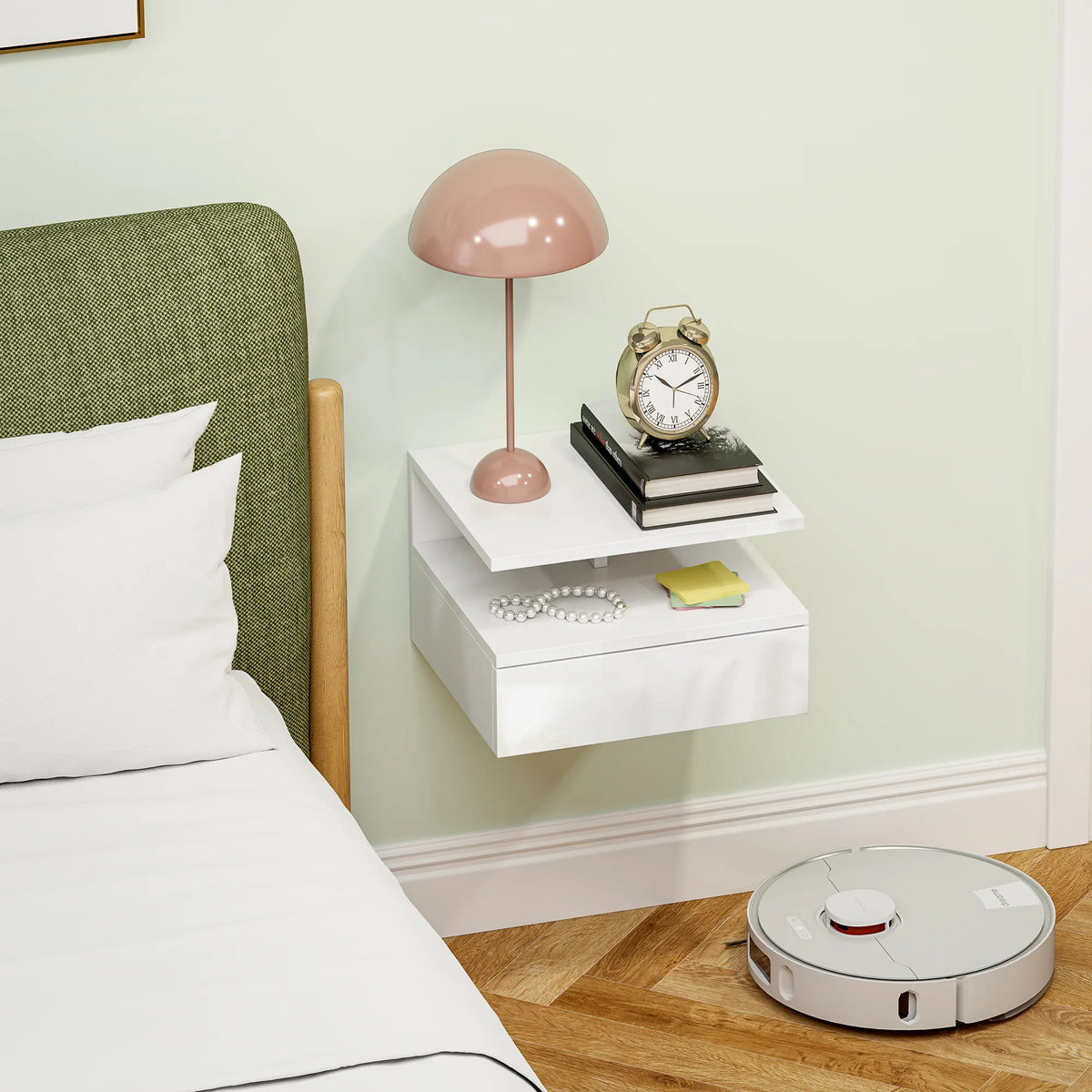 HOMCOM Floating High Gloss Bedside Table - High Gloss White