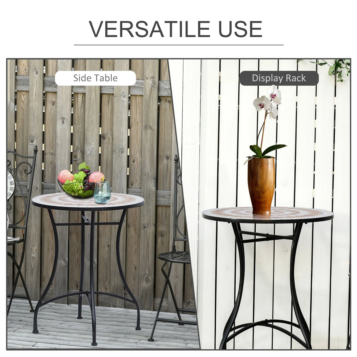 Outsunny 60 cm Mosaic Garden Table, Small Round Outdoor Side Table with Ceramic Top, Plant Stand for Patio, Balcony, Orange and White