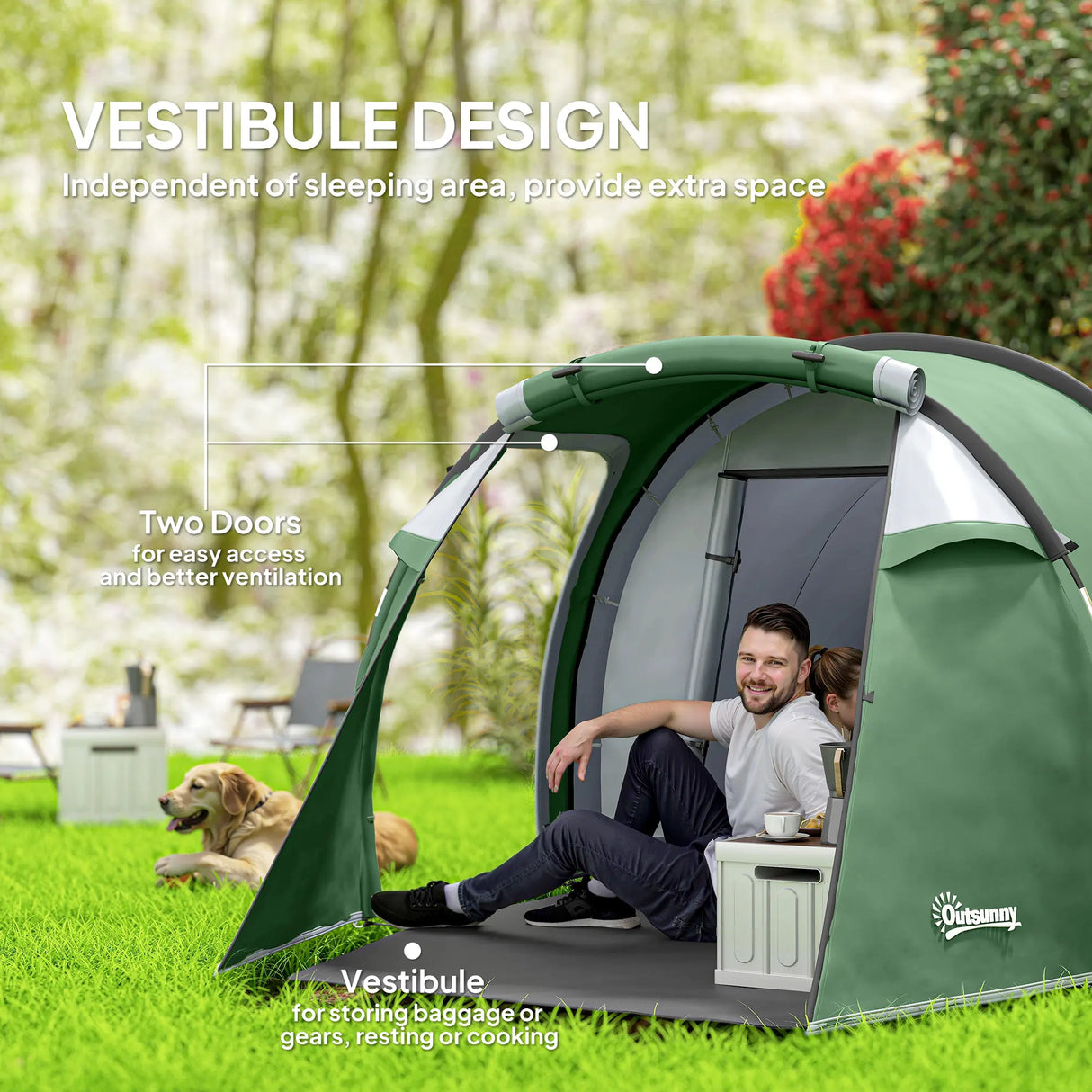Outsunny Three-Man, Two-Room Tent - Green
