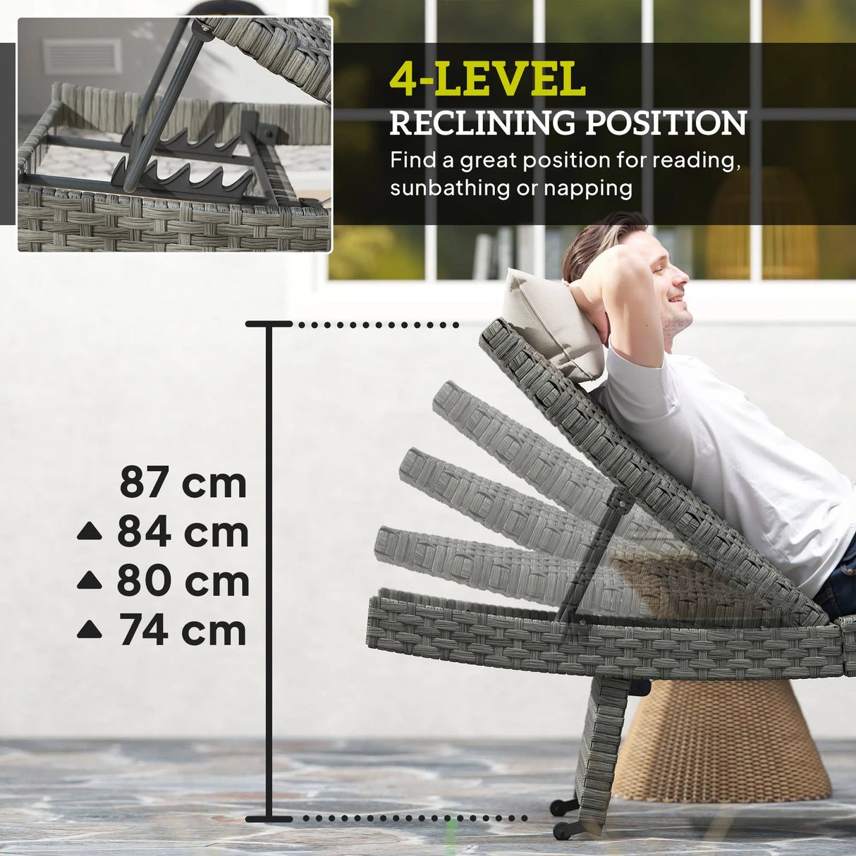 Outsunny Outdoor PE Rattan Sun Lounger, Folding Wicker Garden Lounger Recliner with 4-Level Adjustable Backrest, Rolling Sunbed Lounge Chair with Wheels, Non-Slip Legs for Balcony, Beach, Mixed-grey