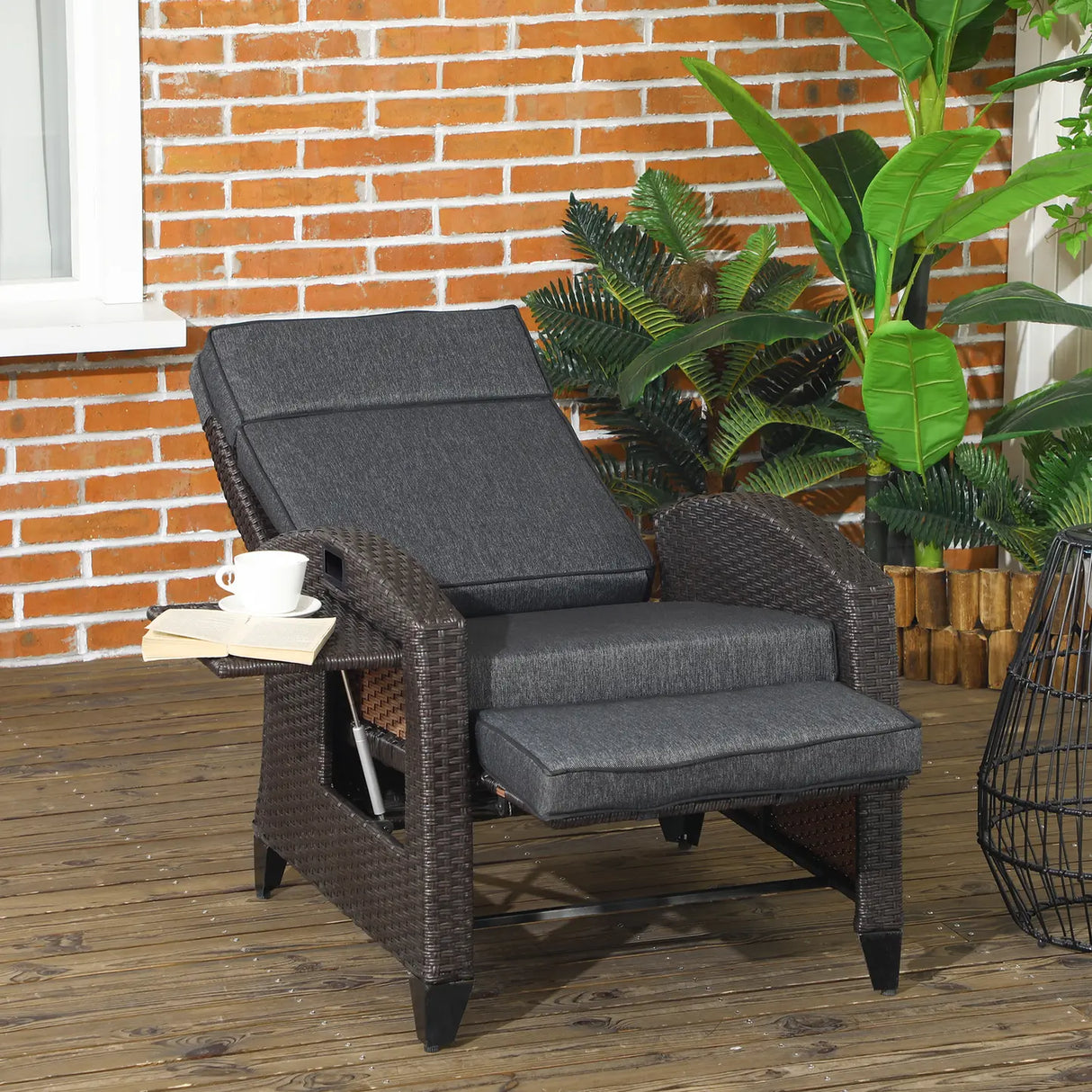Outsunny Outdoor Recliner Chair with Adjustable Backrest and Footrest, Cushion, Side Tray, Dark Grey/Brown