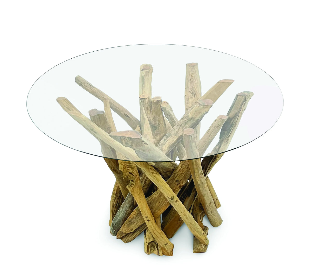 Root driftwood coffee table with 90 cm round glass