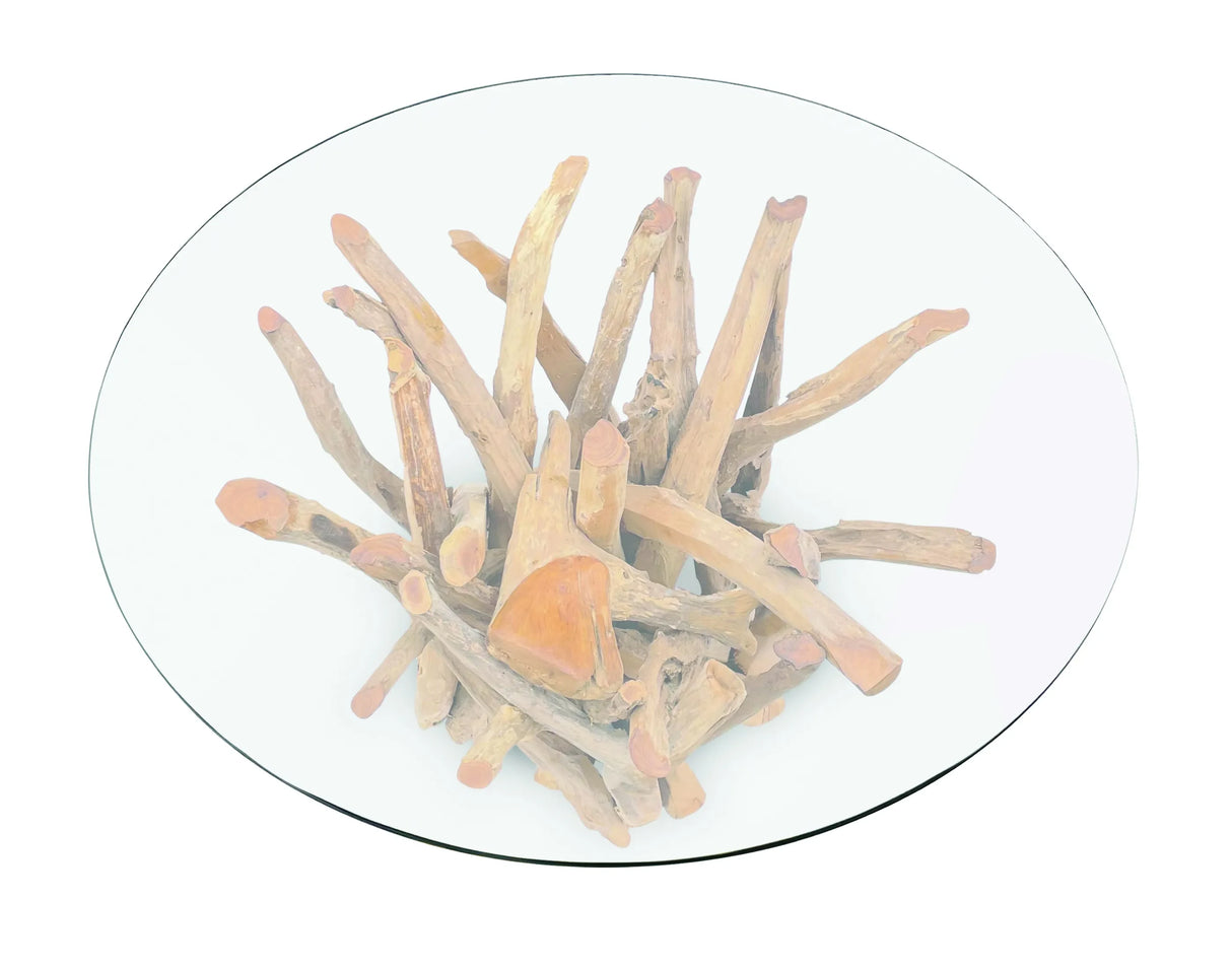 ROOT DRIFTWOOD ROUND DINING TABLE WITH 120CM ROUND GLASS