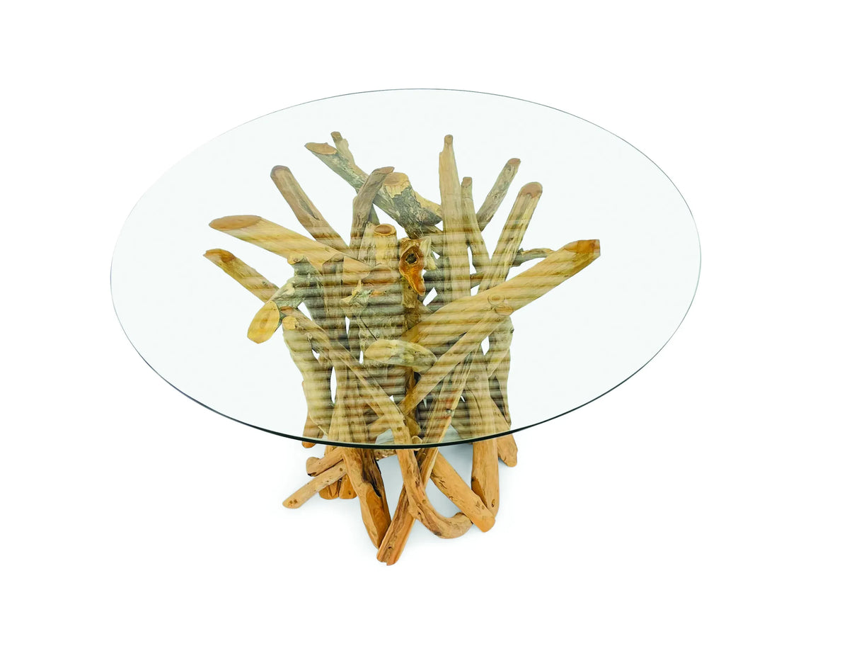 ROOT DRIFTWOOD ROUND DINING TABLE WITH 120CM ROUND GLASS