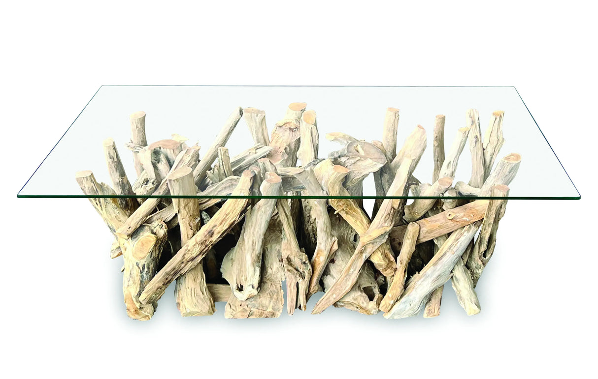 Driftwood Coffee Table with 120x60 cm Glass