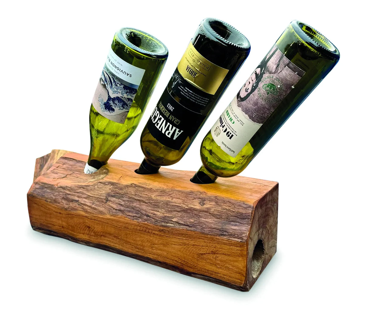Teak Log Table Wine Holder 3 Bottles
