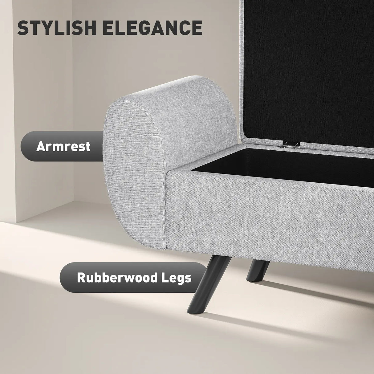 HOMCOM Storage Ottoman with Armrest, Upholstered Linen Storage Bench, Window Seat with Rubberwood Legs, Footstool for Bedroom Living Room, Hallway, Light Grey