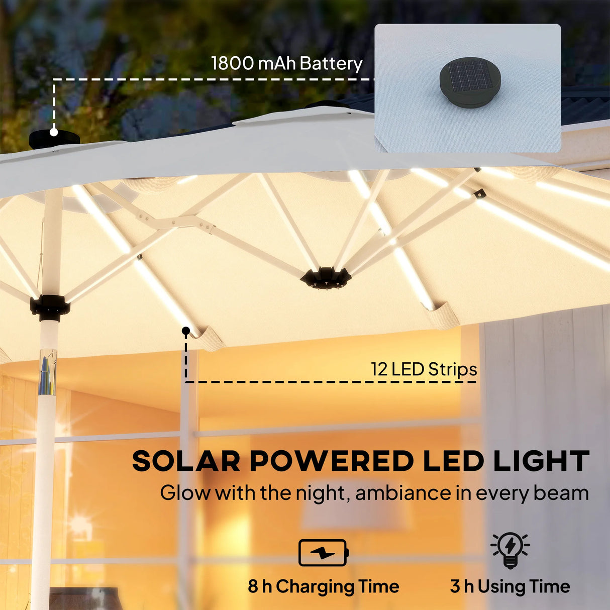 Outsunny 3 m Double-Sided Garden Parasol with LED Solar Lights, Outdoor Extra Large Sun Umbrella with Crank Handle, Cream White