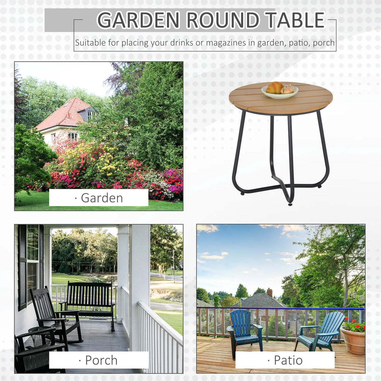 Outsunny Round Outdoor Side Table Adjustable Leg Pads Garden Table 49 x 49 x 48 cm Natural Wood & Black