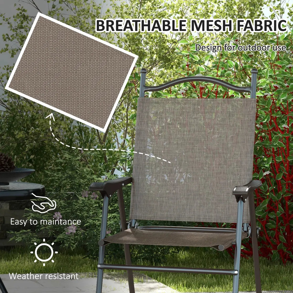Outsunny Set of Two Folding Garden Chairs, with Fabric Mesh Seats - Mixed Brown