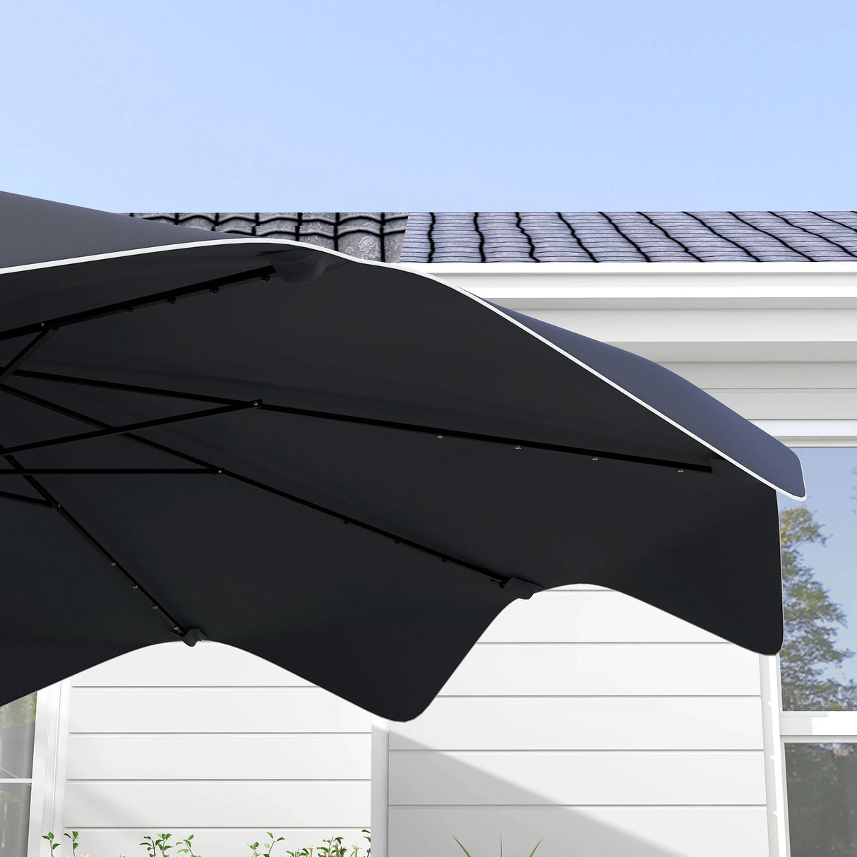 Outsunny Solar Patio Umbrella with LED and Tilt, Outdoor Market Table Umbrella Parasol with Crank, 3 x 3 (m), Dark Grey