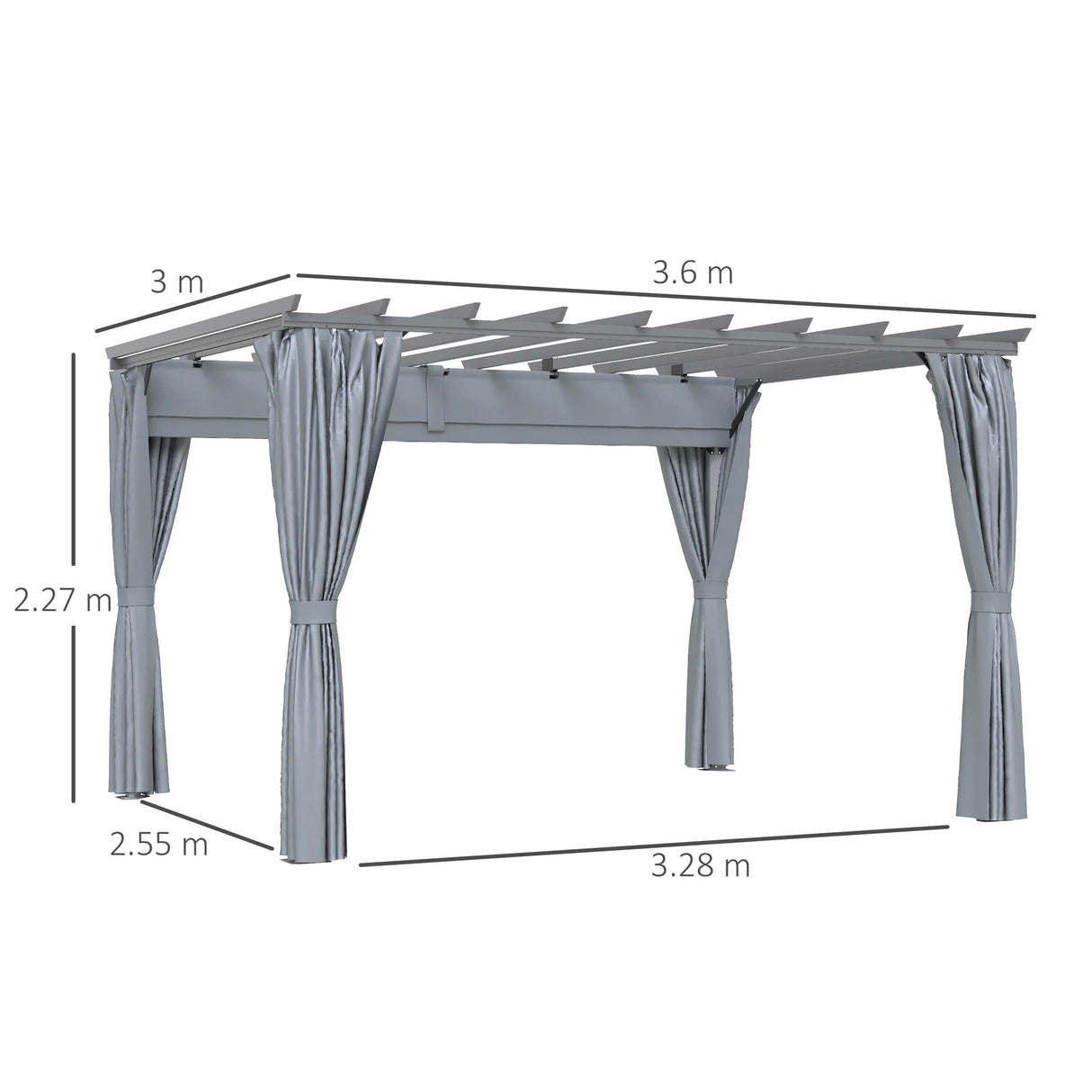Outsunny 3.6 x 3(m) Outdoor Pergola with Retractable Roof and Curtains, Garden Gazebo Canopy Sun Shade Shelter with Aluminum Frame, Dark Grey