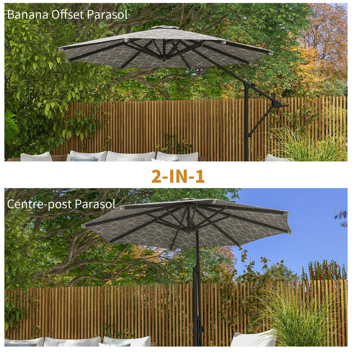 Outsunny 3(m) Convertible Cantilever Parasol and Centre-post Garden Parasol with Cross Base, 360 Rotation Banana Parasol with Crank Handle and 8 Ribs, Hanging Patio Umbrella, Black and White