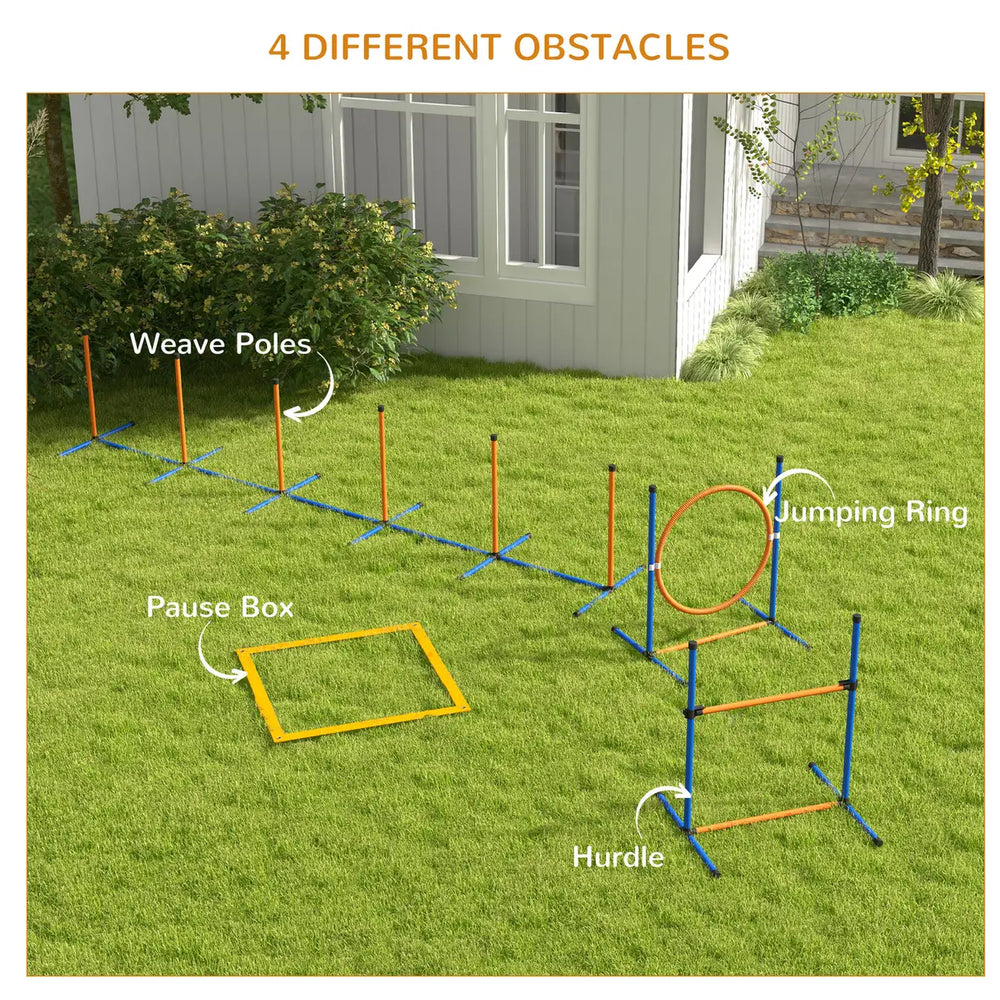 PawHut Dog Agility Training Equipment with Weave Poles, Jump Ring, Pause Box, Adjustable Hurdle, Carry Bag, Orange