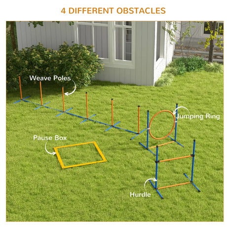 PawHut Dog Agility Training Equipment with Weave Poles, Jump Ring, Pause Box, Adjustable Hurdle, Carry Bag, Orange