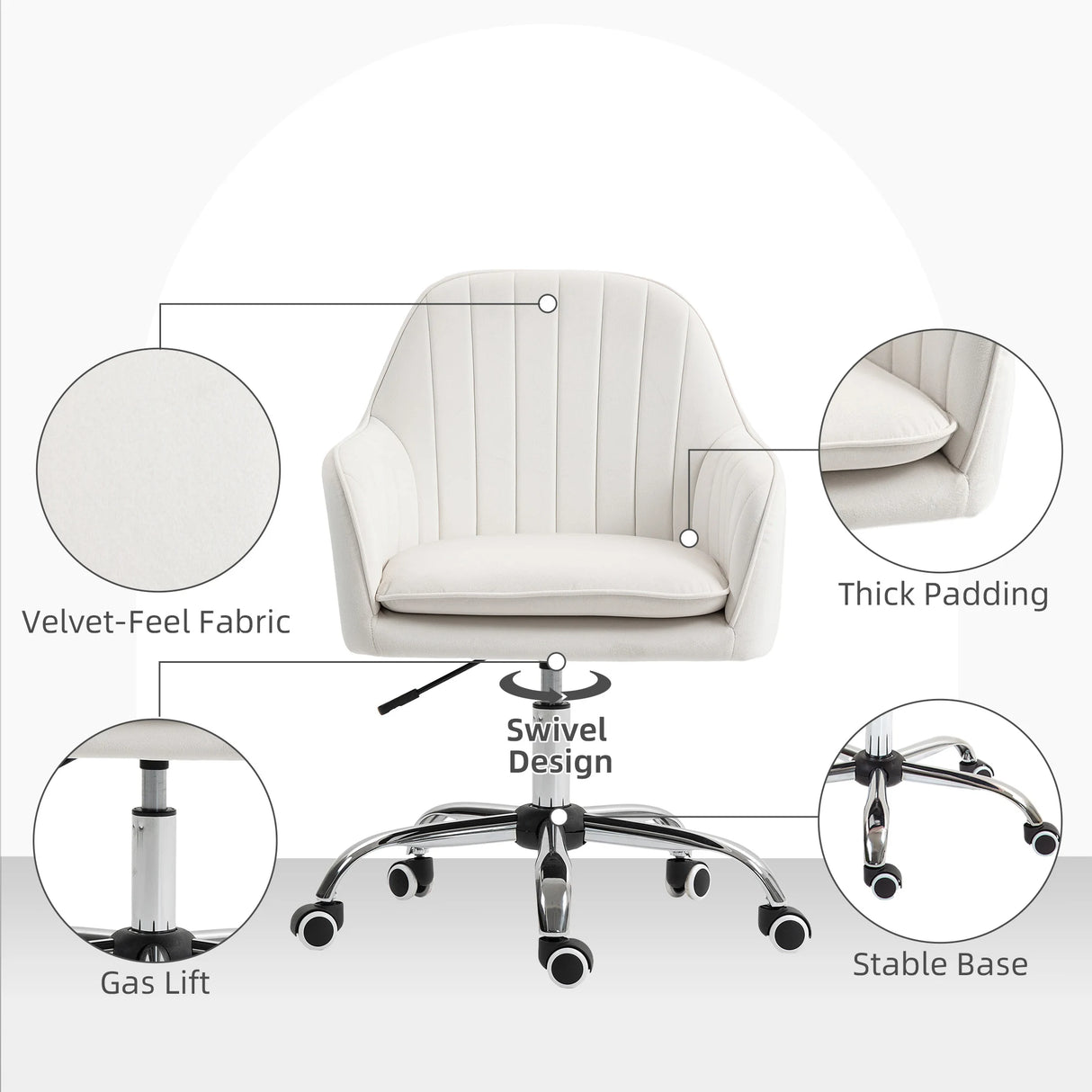 HOMCOM Velvet-Feel Office Chair with Adjustable Height and Wheels - Cream White