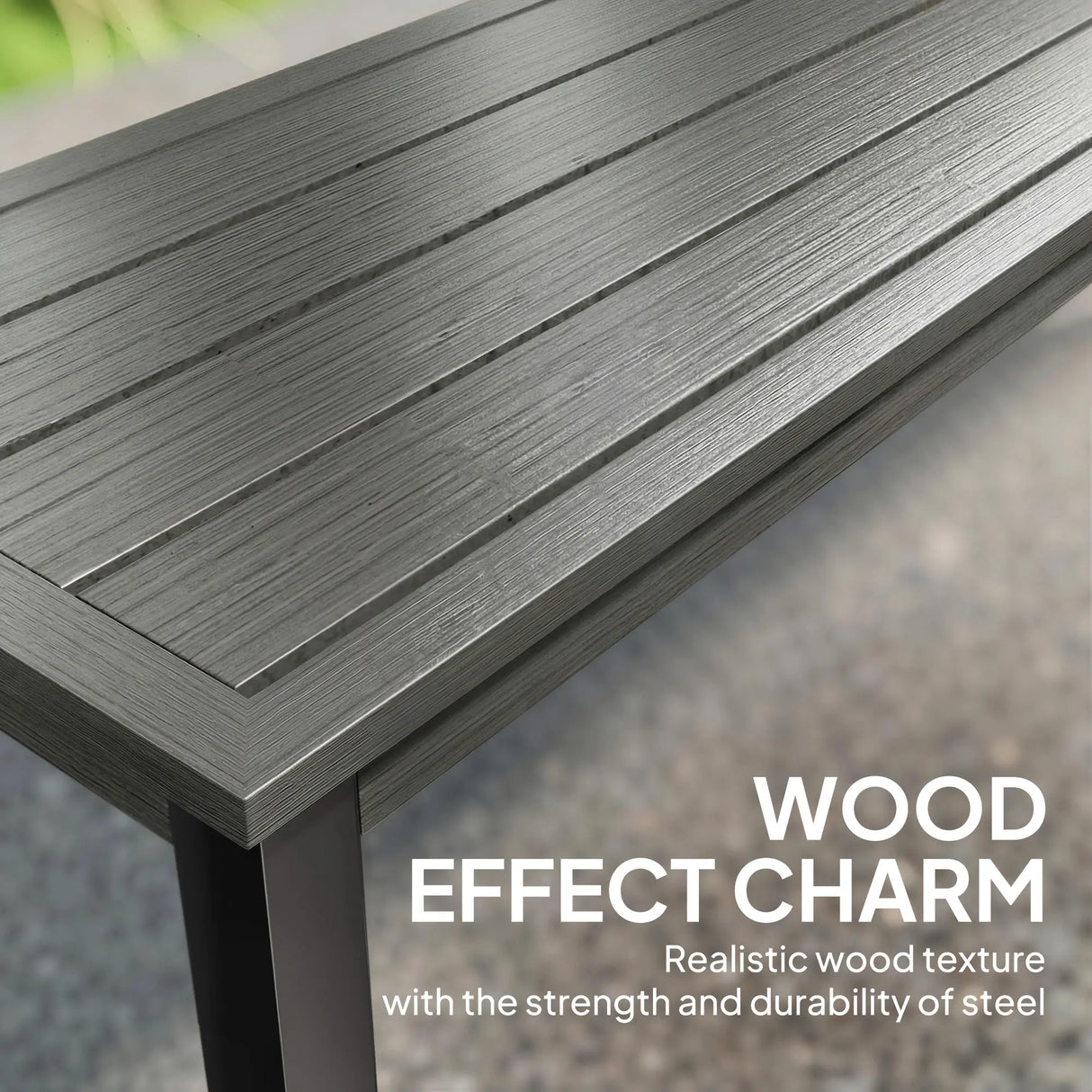 Outsunny 2 Seater Garden Bench, Outdoor Bench Loveseat with Wood-Effect Slatted Seat and Steel Frame for Patio, Park, Grey