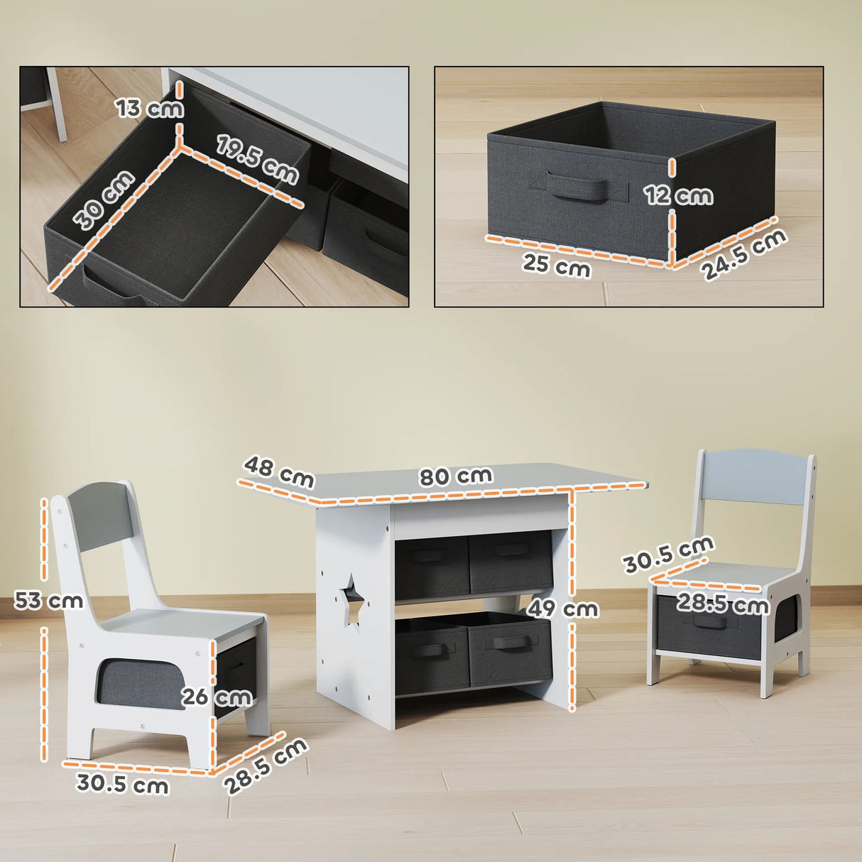 AIYAPLAY Kids Table and Chair Set, Toddler Table and 2 Chairs Set with 6 Removable Drawers, for Boys Girls Ages 3-8, Light Grey