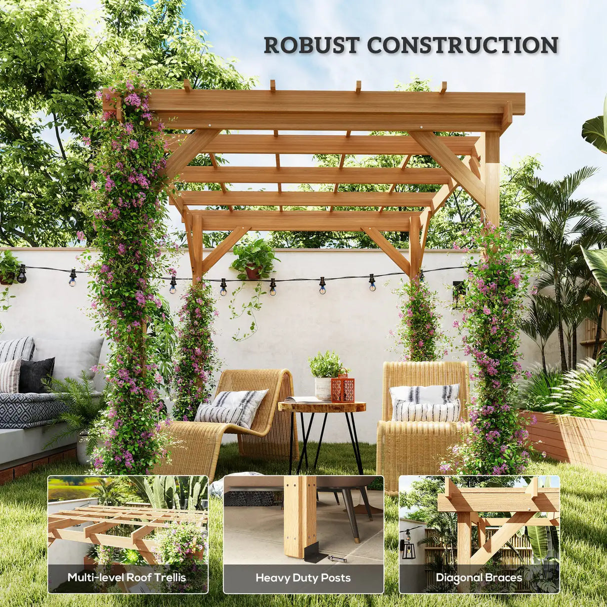 Outsunny 2 x 2 m Wooden Pergola Kit, Decorative Garden Gazebo Shelter with Stable Structure for Climbing Vines, Flowers, Dark Brown