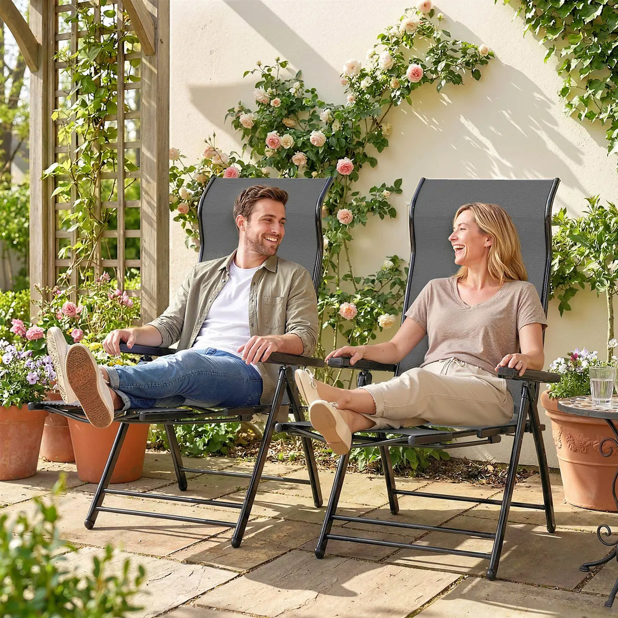 Outsunny Reclining Garden Chairs Set of 2, 5-Position Folding Sun Loungers with High Back, Retractable Footrest, Dark Grey