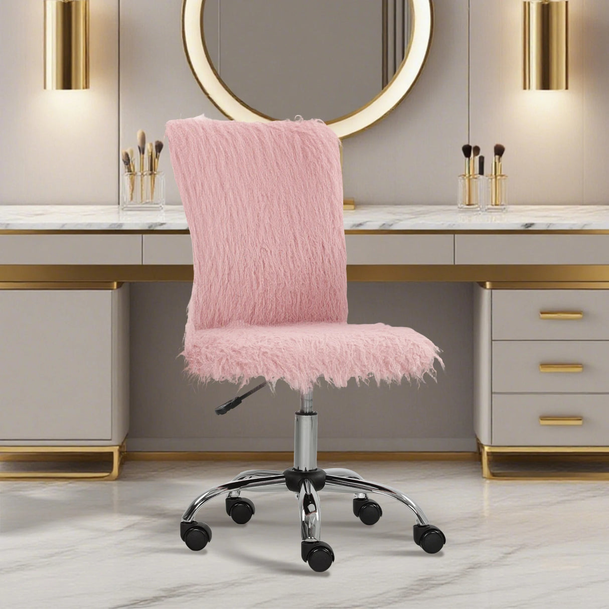 HOMCOM Plush Office Desk Chair, Modern Armless Swivel Vanity Chair with Adjustable Height for Home Office, Bedroom, Living Room, Pink
