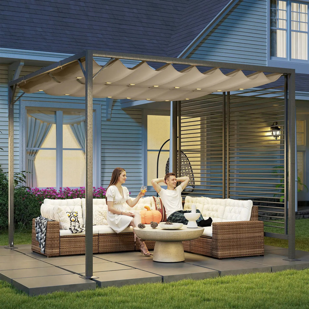 Outsunny 3 x 2.8m Metal Pergola, with Retractable Fabric Roof - Beige
