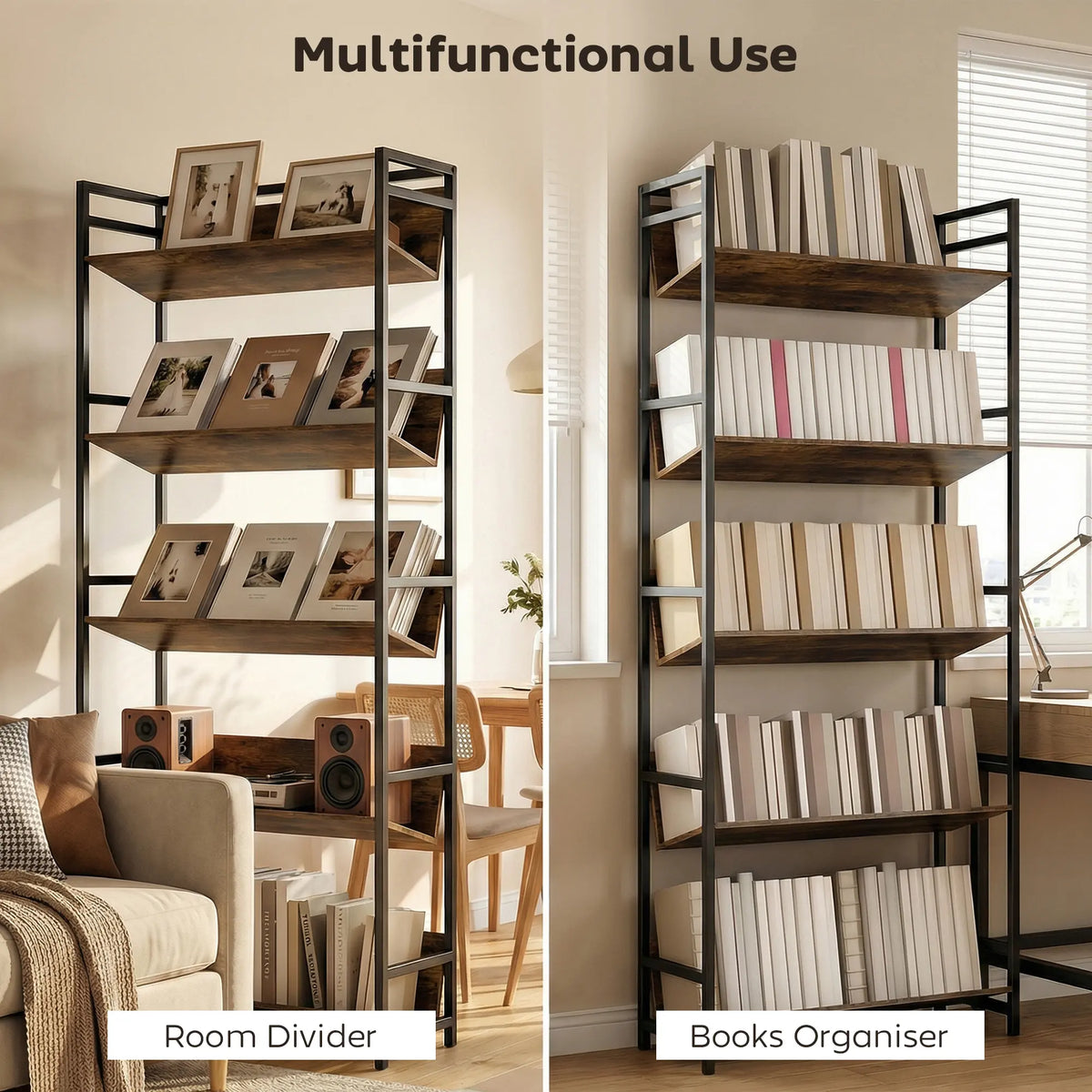 HOMCOM Bookshelf 5-Tier Metal Frame Room Divider Bookcase Storage Shelves for Living Room Rustic Brown